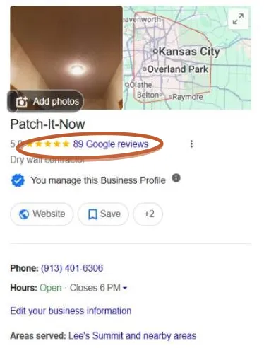 Google Business Profile panel for Patch-It-Now: 5.0 stars, 89 Google reviews circled, verified listing