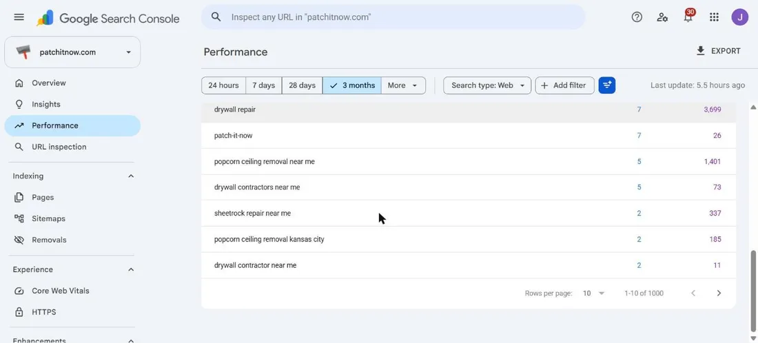 Google Search Console top queries over three months: drywall repair, patch-it-now, popcorn ceiling removal near me, drywall contractors near me
