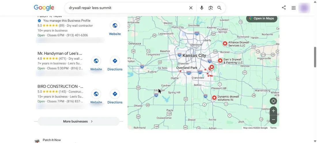 Google local pack for the search drywall repair lees summit on July 30, 2026, with Patch-It-Now ranked first at 5.0 stars and 89 reviews, above Mr. Handyman and BIRD Construction