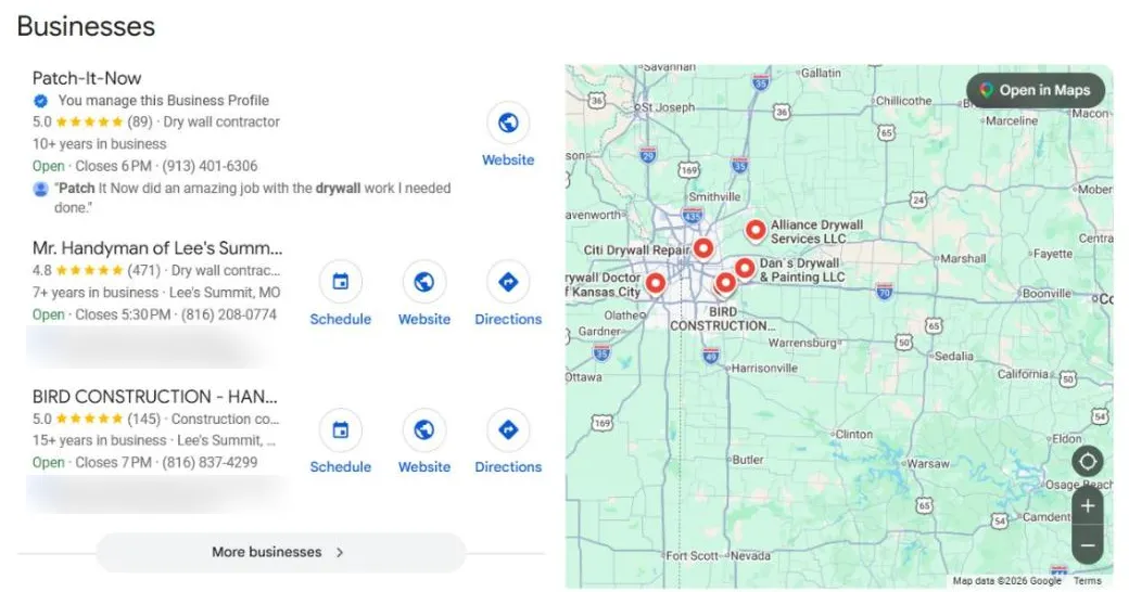 Google local pack for drywall repair lees summit with Patch-It-Now first at 5.0 stars and 89 reviews, above two franchise competitors